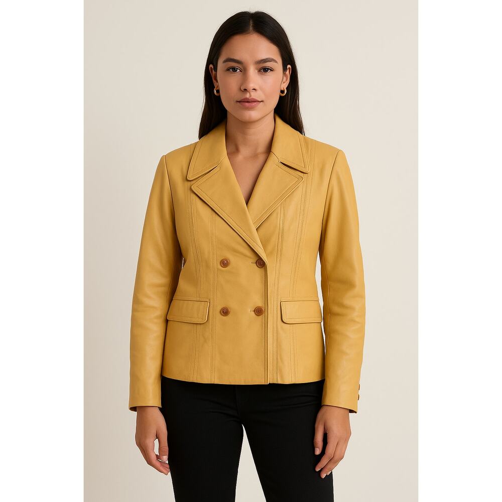 Together! butter yellow leather jacket Blazer 4 button career Womens size 12
